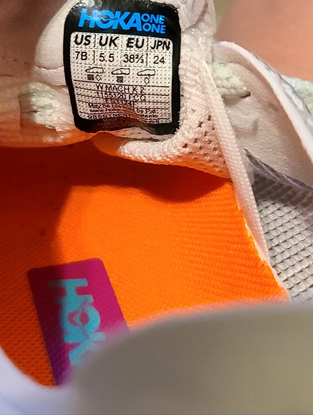 Women's 7B, Hoka Mach X2 White Teal Athletic Running Shoes with Orange - Picture 9 of 10